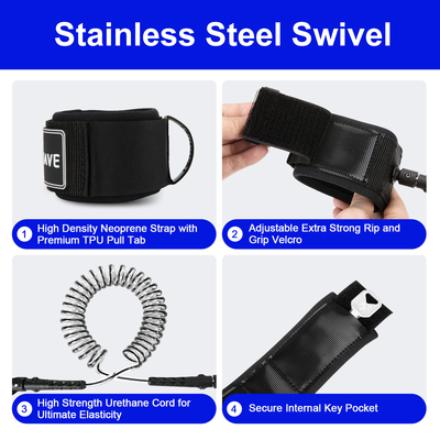 10' Coiled Leash Woowave's Key Pocket Design per la sicurezza di imbarco sul surf per adulti